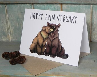 Bear Couple Illustration 'Happy Anniversary' Greeting Card - 280gsm White Card 177 x 127mm Blank Inside with Brown Recycled Envelope