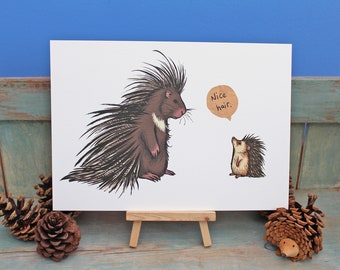 Nice Hair ~ Porcupine & Hedgehog Illustration A4 Print