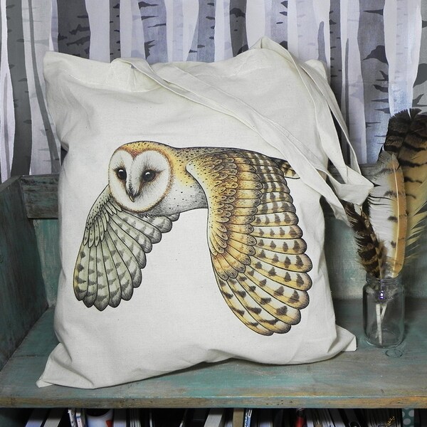 Barn Owl Illustration Eco Tote Bag ~ 100% Cotton Long Handles