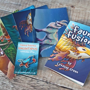 Fauna Fusions Zine Bundle - Zine, Postcards + Wooden Pin