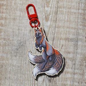 Cross Fox Kitsune Wooden Keyring