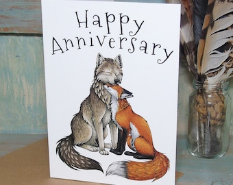 Wolf & Fox Couple Illustration Happy Anniversary Card
