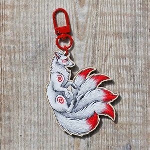 White Kitsune Wooden Keyring