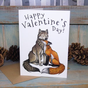 Illustrazione di lupo e volpe, biglietto di auguri per San Valentino