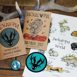 Jackalopia Zine Bundle - Jackalopia & Inktober Zines, Badge, Sticker + A4 Print