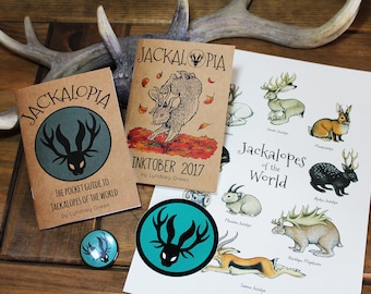 Jackalopia Zine Bundle - Jackalopia & Inktober Zines, Badge, Sticker + A4 Print