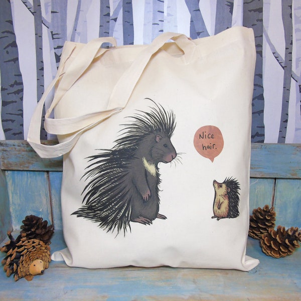 Porcupine and Hedgehog 'Nice Hair' Illustration Eco Tote Bag ~ 100% Organic & Fairtrade Cotton with Long Handles