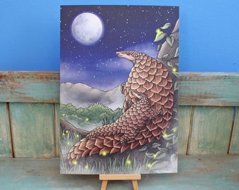 Pangolins at Twilight Illustration A4 Print ~ 50% of each sale donated to Giant Pangolin Conservation Project