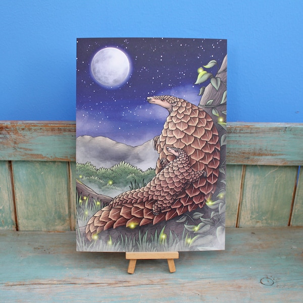 Pangolins at Twilight Illustration A4 Print ~ 50% of each sale donated to Giant Pangolin Conservation Project