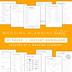 May include: A wedding planning checklist with 51 pages, including sections for seating plan, family photography, guest list, vendor questions, wedding checklist, emergency bag, timeline, venue details, and budget breakdown.
