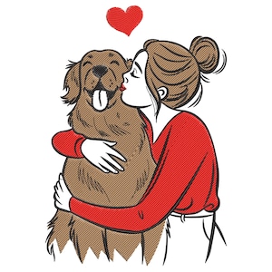 Woman and Dog Love Embroidery Design, Dog Poodle Machine Embroidery File, Girl with dog Embroidery Design