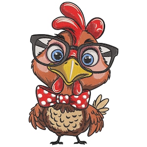 Può includere: Immagine ricamata di un pollo dei cartoni animati con occhiali con montatura nera e un papillon rosso a pois bianchi. Il pollo ha cresta e bargigli rossi, occhi blu e becco giallo. Le piume del pollo sono marroni e marroni.