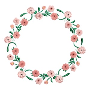 May include: A pink and green floral wreath with a white background. The wreath is made of small flowers and leaves.