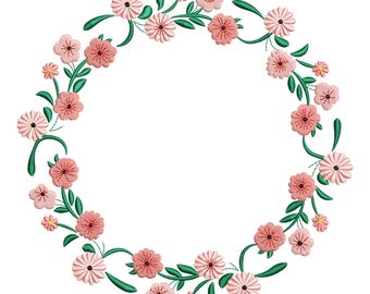Floral Wreath embroidery design, Flower Circle frame Machine Embroidery, Machine embroidery file, Leaf Wreath embroidery design