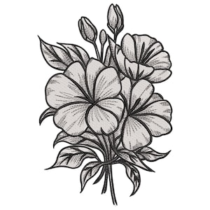 May include: A black and white line drawing of a bouquet of flowers. The flowers have five petals and are arranged in a cluster. The stems are long and slender, and the leaves are delicate and pointed.