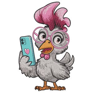 Op de afbeelding: Een cartoonillustratie van een grijze kip die een roze bril draagt en een blauwe smartphone vasthoudt met een roze hart op het scherm.