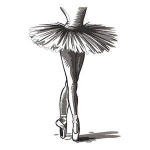Puede incluir: Un dibujo en blanco y negro de una bailarina con un tutú y zapatillas de punta.