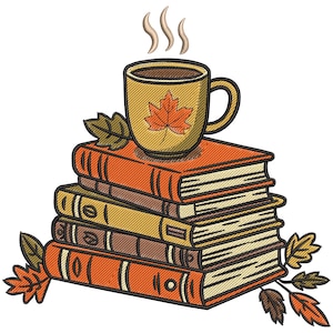 May include: An embroidered design featuring a stack of books in shades of orange, brown, and yellow. A mug of coffee with a maple leaf design sits atop the books, with steam rising from the cup. Autumn leaves are scattered around the books.