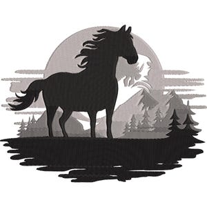 May include: Black silhouette of a horse standing in front of a moon and mountain landscape. The horse has a flowing mane and tail. The background is a gray and white gradient.