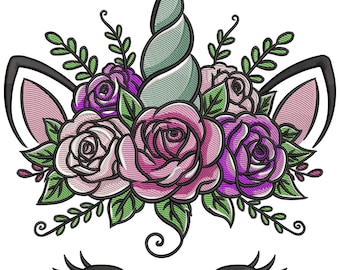 Motif de broderie visage floral licorne, licorne avec fichier de broderie numérique arc-en-ciel, fichier de broderie Machine licorne florale