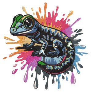 May include: A colourful cartoon lizard with a green head and black spots on a blue body, surrounded by colourful paint splatters.