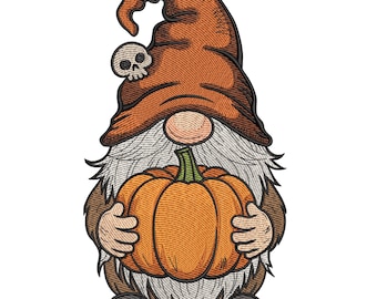 May include: An embroidered Halloween gnome with a large orange pumpkin. The gnome wears a brown hat with a small skull and has a long white beard. The gnome's hands are holding the pumpkin.