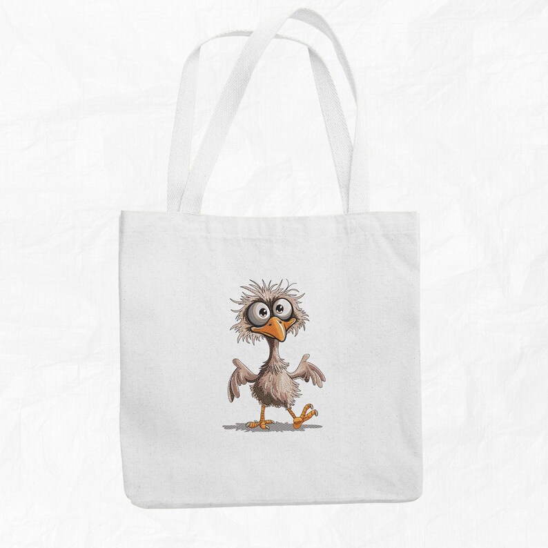 May include: A white tote bag with a cartoon illustration of a bird with large eyes and a funny expression. The bird is brown and white with a yellow beak.