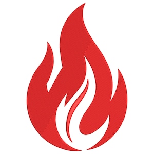 May include: A red flame design with a textured, embroidered effect. The flame has a stylized shape with multiple points and a lighter red centre, set against a white background.