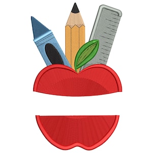 Apple with School Supplies Embroidery Design, Apple mini Embroidery File, Fruit Machine embroidery File