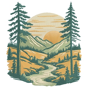 May include: An embroidered landscape design featuring a mountain range, river, and trees. The sun is setting behind the mountains, with a color palette of green, yellow, and beige. Two tall pine trees frame the scene.