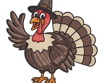 Puede incluir: Pavo bordado con sombrero marrón de peregrino, con carúncula roja y cuello beige. El pavo tiene plumas marrones y beige y saluda con un ala. El pavo tiene el pico abierto y patas naranjas.