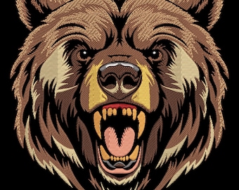 Puede incluir: Primer plano de la cara de un oso pardo con la boca abierta, mostrando sus dientes. El oso tiene una expresión feroz.