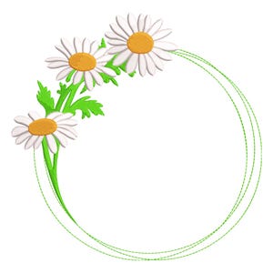 Pode incluir: Uma coroa de flores de margarida branca com três margaridas brancas e folhas verdes. A coroa é feita de dois círculos verdes.