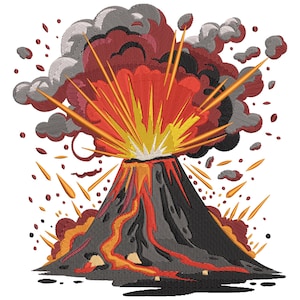 Può includere: Un'illustrazione di un vulcano in eruzione con lava e fumo rossi, arancioni e gialli. Il vulcano è grigio e nero con una colata di lava rossa e arancione.