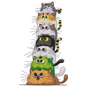 May include: A stack of seven cartoon cats, each with a different color and pattern, are stacked on top of each other. The cats are all looking up and have big eyes. The bottom cat is orange and white, the second cat is green, the third cat is white, the fourth cat is black, the fifth cat is white and gray, the sixth cat is orange and white, and the top cat is gray.