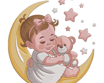 May include: Embroidered image of a baby girl hugging a teddy bear while seated on a crescent moon. The baby wears a white dress and a pink bow. Pink and white stars are scattered around the moon.