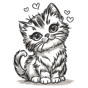 Puede incluir: Un dibujo en blanco y negro de un lindo gatito de dibujos animados con ojos grandes y una cola esponjosa. El gatito está rodeado de pequeños corazones.