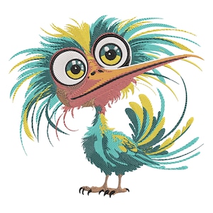 Op de afbeelding: Een grillige cartoonvogel met grote, expressieve ogen en een lange snavel. De vogel heeft een levendig kleurenpalet van teal, geel en roze, met gedetailleerde borduurstijltexturen. De vogel staat rechtop.