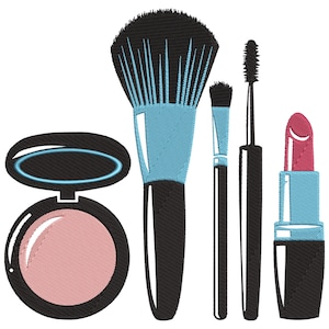 May include: A set of makeup brushes and a compact with a pink blush. The brushes are black with blue bristles. The lipstick is red with a blue case.