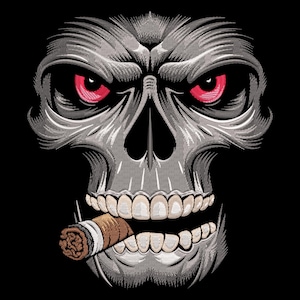 May include: A detailed illustration of a skull with red eyes and a cigarette in its mouth. The skull is rendered in a realistic style with intricate details.