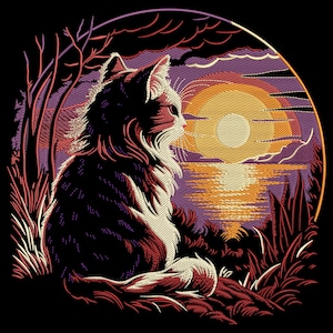 May include: An embroidered design of a cat observing a sunset. The cat, with white and dark fur, is in profile, looking at the orange sun over water. The background features purple and red foliage and a black sky, creating a serene scene.