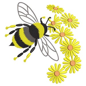 May include: An embroidered design featuring a bumblebee with yellow and black stripes, gray wings, and yellow accents. The bee is surrounded by yellow daisies with orange centers, all set against a white background. This design is suitable for various craft projects.