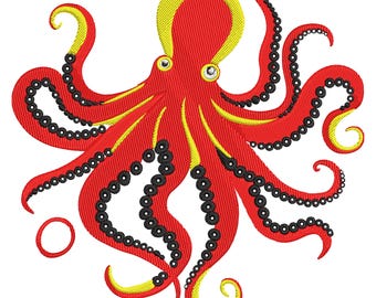 Diseño de bordado de pulpo rojo vibrante, archivo de bordado a máquina de pulpo con pez, archivos de bordado de pulpo