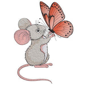 May include: A gray mouse with pink ears is holding a red butterfly with its front paws. The mouse is looking at the butterfly.