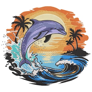 Jumping Dolphin Sunset Embroidery Design, Ocean Fish Embroidery Design, Creative Dolphin Lover Embroidery File