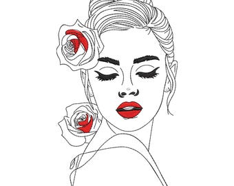 Woman with Roses Embroidery Design, One Line Art Embroidery File, Lady with flowers embroidery design