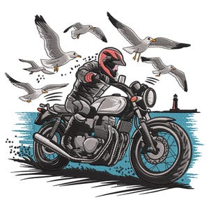 Motorcyclist by the Sea Embroidery Design, Bike Machine Embroidery File, Motorcycle Embroidery File