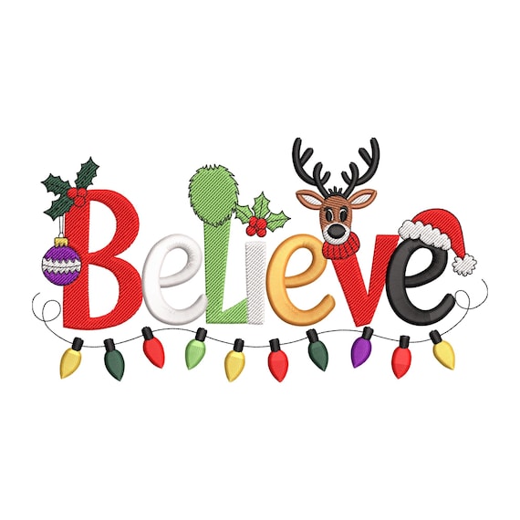 Believe Christmas Embroidery Design, Holiday Lettering with Lights & Reindeer Machine Embroidery File