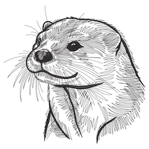 Op de afbeelding: Een gedetailleerde zwart-wit illustratie van een otterskop, met zijn snorharen, vachttextuur en gezichtskenmerken. Het kunstwerk is een close-up, die het oog en de neus van het dier benadrukt.
