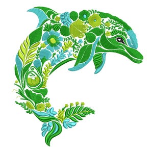 May include: An embroidered design of a dolphin with floral details, in shades of green and blue. The dolphin is leaping out of the water with its tail raised.
